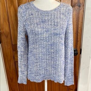 Talbots Blue White Loose Knit Crew Neck Sweater Pullover Medium Cotton
